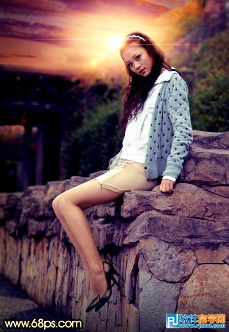 photoshopcs6给坐在石头上的美女加点漂亮霞光效果