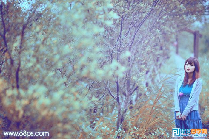 给树林人物图片加上唯美的韩系淡蓝色 - 1 - 软