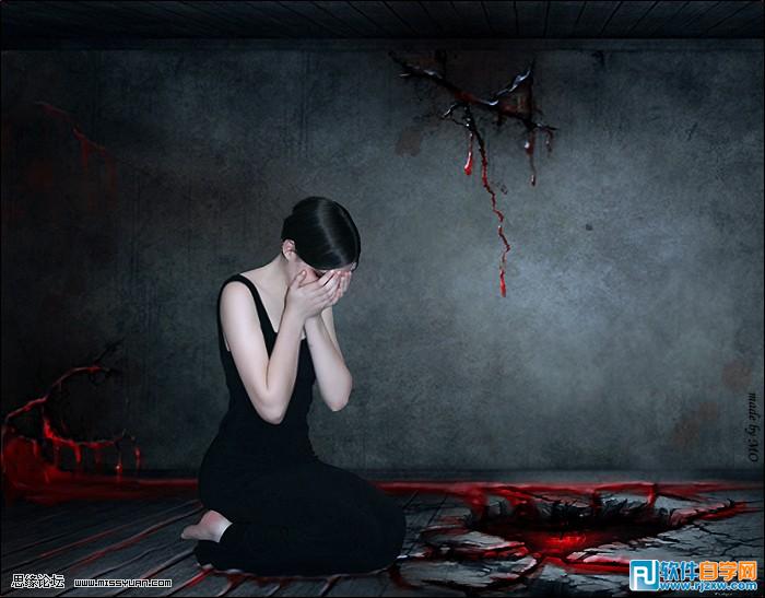 ps合成在血迹边痛哭的美女