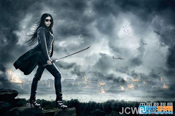 ps合成战火中超酷的女刀客